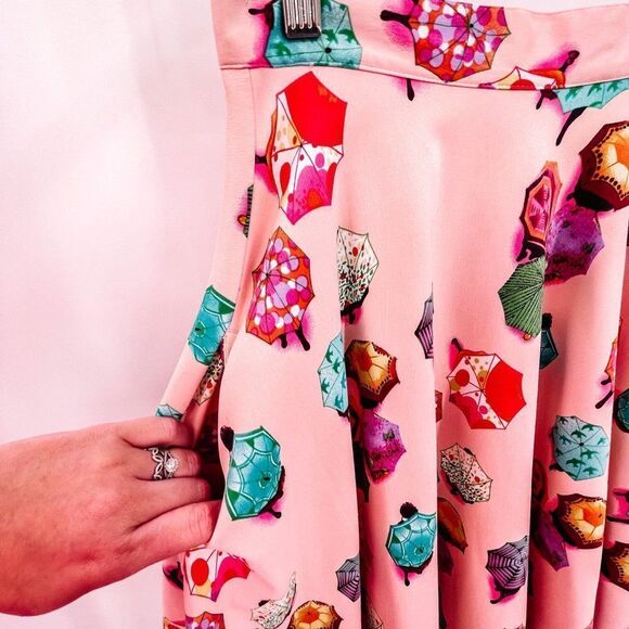 Vintage Tatyana Rainy Day Umbrella Print Satin Circle Midi Skirt Pink Medium - Picture 7 of 9